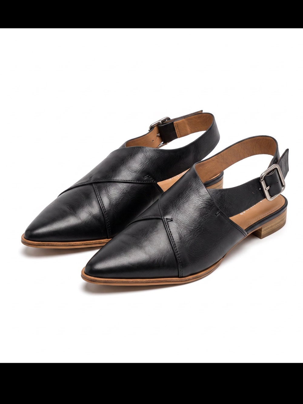 Women's Black Pointed Slingback Flats - Classic Leather Look